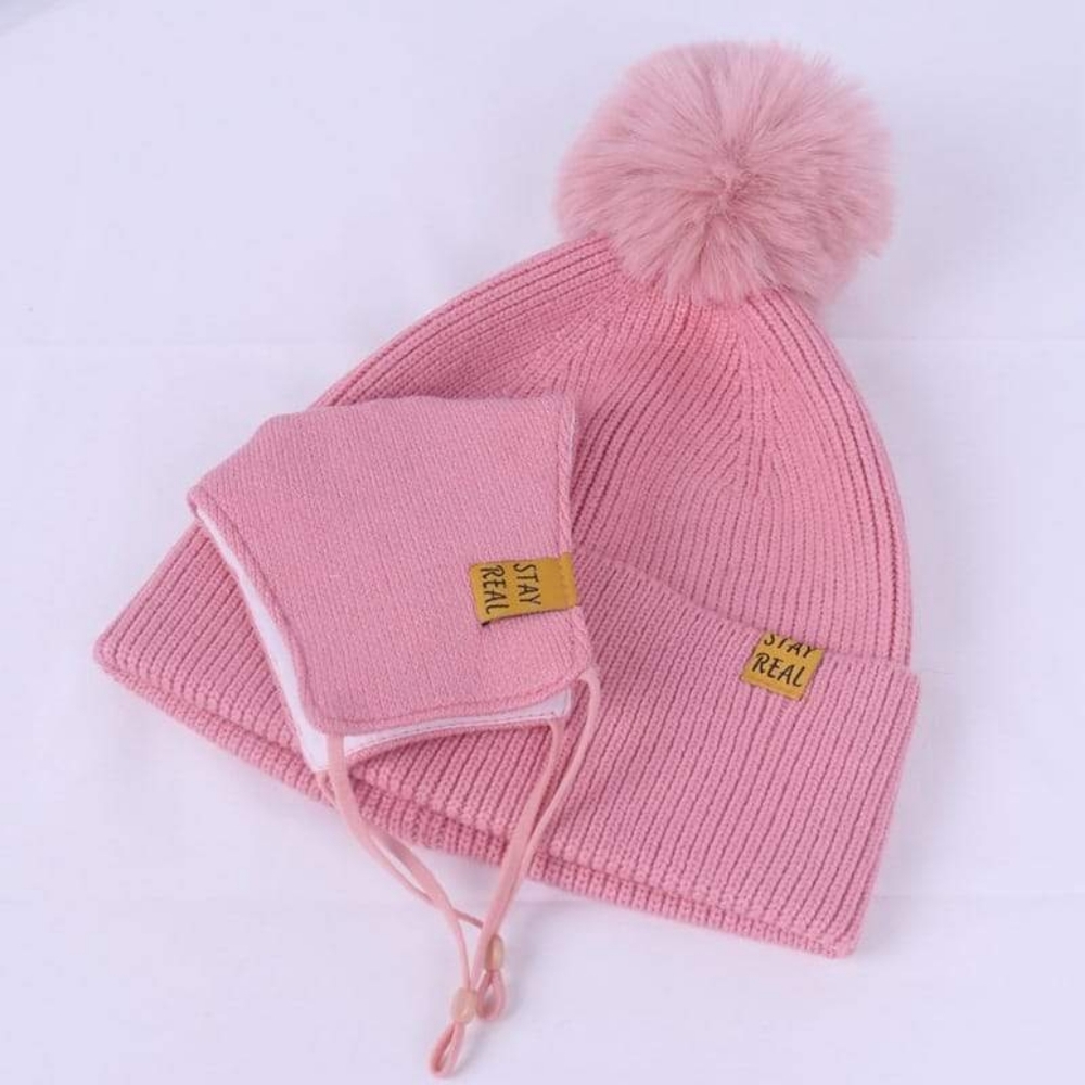 Women's Pink Knit Hat With Pom Pom & Matching Mask - Picture 11 of 13